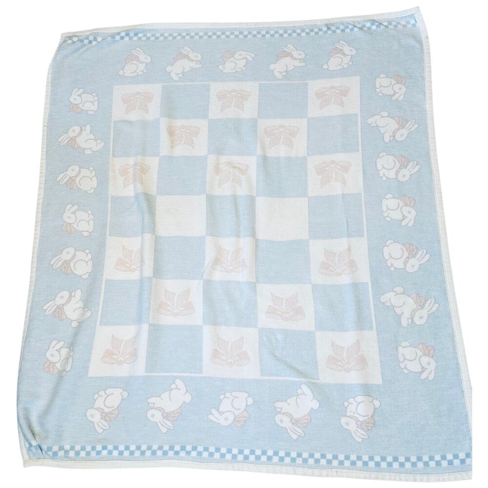 EUC Vintage Baby Reversible Cotton Pink/Blue Bunny Rabbit Motif Blanket